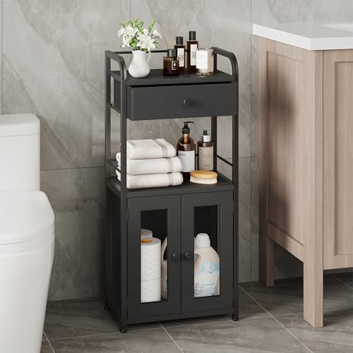 SWTYMIKI 14.57"x32.28" Bathroom Storage Cabinet – Freestanding Toilet Paper Storage with Doors & Drawer, Bathroom Organizers and Storage for Small Spaces, Laundry Room, Ideal for Towels, Black - color: Black