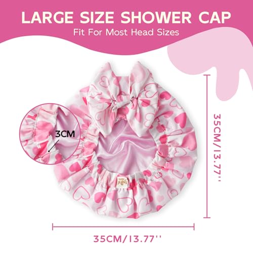 Years Calm Extra Large Shower Cap for Long Thick Hair – Waterproof Double Layer Bath Cap with Satin Lining, Secure Elastic Fit for Braids, Curls & Extensions - color: Pink Heart