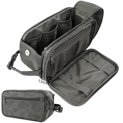 PAVILIA Toiletry Bag for Men, Travel Essentials Shaving Dopp Kit, Mens Travel Bag Toiletries Organizer Case for Grooming, PU Leather Water Resistant Cosmetic Bag Pouch (Dark Grey) - color: Gray, size: Large (10.5x5.5x6)