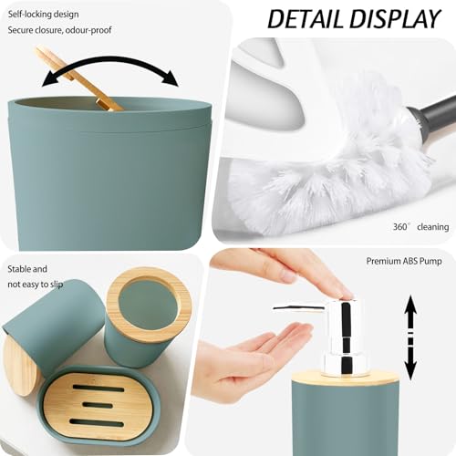 Lnond Blue Green Bathroom Set, Blue Green Abstract Cubes Bathroom Accessories Sets Complete, Luxury Restroom Set with Shower Curtain and Rugs, Trash Can, Toilet Brush Holder Set & Soap Dispenser - style: Blue Green