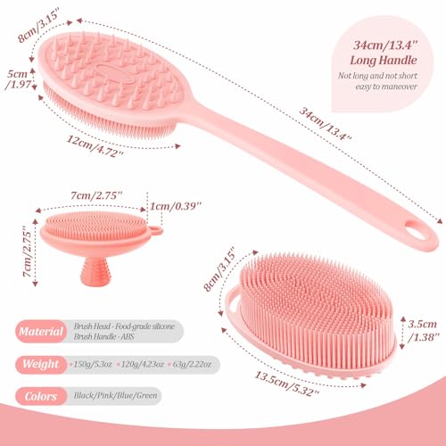 Silicone Back & Body & Face Scrubber Set 3PCS, Gentle Exfoliating Back & Body Scrubber with Dual-Side Brush Head, Hygienic Silicone Loofahs with Soft Bristle and Non-Slip Handle(Pink-3PC) - color: Pink*3