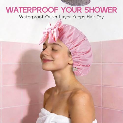 Years Calm Extra Large Shower Cap for Long Thick Hair – Waterproof Double Layer Bath Cap with Satin Lining, Secure Elastic Fit for Braids, Curls & Extensions - color: Pink