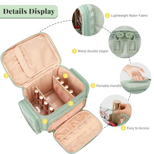 Bagmoly Large Makeup Bag, Portable Travel Makeup Bag Organizer for Women Girls with Makeup Brush Compartment & Two Side Pockets, Cosmetic Travel Bag Vertical Storage Toiletry - Green - color: 07-Nylon Green, size: Medium