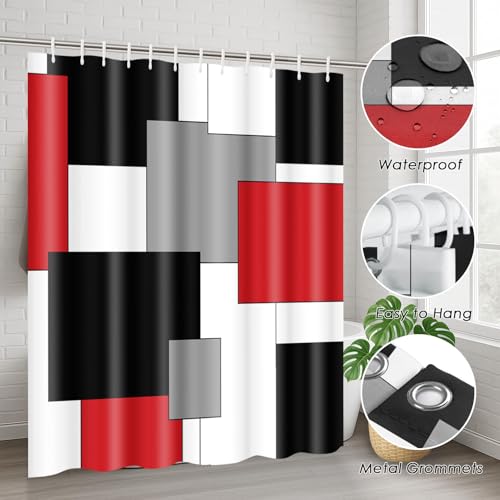 Red Geometric Shower Curtain Set with Toilet Lid Cover and Non-Slip Rugs for Bathroom, Black White Grey Checkered 4 Pcs Shower Curtain, Modern Abstract Bathroom Set with 12 Hooks - color: Abstract Geometric Red