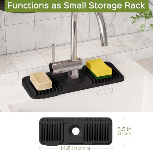 15 Inch Silicone Faucet Mat for Kitchen Sink Splash Guard – 2025 Upgraded Draining Mat with Water Tray Behind Faucet – Countertop Protectors to Catch Spills (Black, 14.6" x 5.5") - color: Black, size: 14.6" x 5.5"