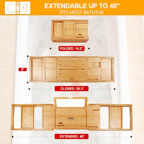 Premium Bathtub Tray Caddy with Makeup Mirror Bamboo - Bath Tray Expandable- Unique House Warming Gifts, New Home, Anniversary & Wedding Gifts for Couple, Bridal Shower Gift for Wome - color: Bamboo