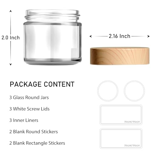 2 oz Small Glass Containers with Lids, Glass Jars with Woodgrain Lids & Inner Liners, Reusable Travel Containers for Creams, Makeup, Lotion, Cosmetic - 3 pack - color: Clear-3 Pack-2oz