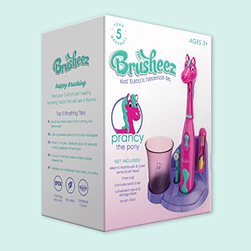 Brusheez Kids’ Electric Toothbrush Set - Safe & Effective for Ages 3+ - Parent Tested & Approved with Gentle Bristles, 2 Brush Heads, Rinse Cup, 2-Minute Timer, & Storage Base (Prancy the Pony) - color: Prancy the Pony