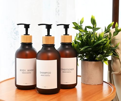 Frosted Plastic Shampoo and Conditioner Bottles, Apothecary Dispenser Bamboo Pump, Refillable Bottles for Shower Lotion, Oil, Hand Soap, Sanitizer, Liquid Soap, Set of 3 with 9 Labels (3, Matte Amber) - color: Matte Amber