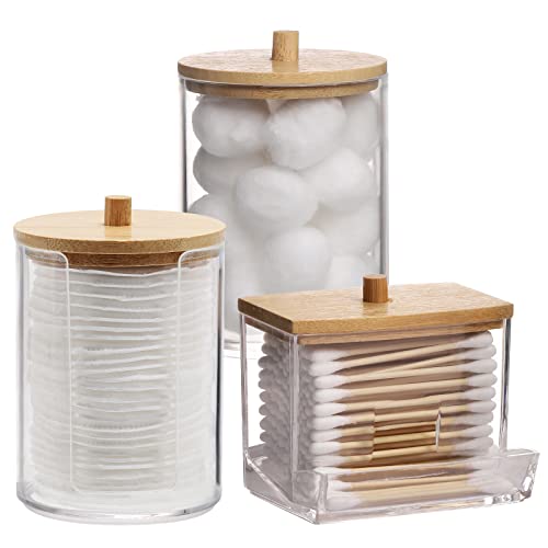 Tbestmax Bathroom Organizer Accessories Set-10 OZ Qtips Holder Storage with Bamboo Lids, Cotton Ball/Swabs Dispenser, Apothecary Container Jar 3 Pcs - color: Group B-Beige Bamboo
