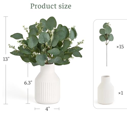 Dahey Artificial Eucalyptus Stems in Ceramic Vase Centerpiece Table Decorations Modern Farmhouse Decor Fake Eucalyptus Plants with Vase for Bathroom Kitchen Shelf Living Room Home Decor, White - color: White, size: Medium