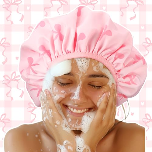 Janmercy Terry Lined Shower Cap for Women Pink Bow Extra Large Waterproof Shower Cap Reusable Double Layer Large Bath Hair Bonnet Washable Quick Dry for Braids Long Straight Curly Hair Women Gifts - color: Flat Bow, style: Pink Bow