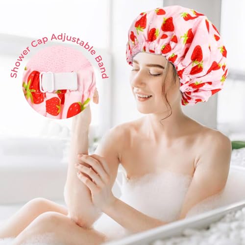 Shower Cap for Women Terry Lined Bath Cap Large Reusable Waterproof Elastic Band Pink Shower Caps for Long Thick Hair Soft Bath Shower Hair Caps - color: PINK STRAWBERRIES