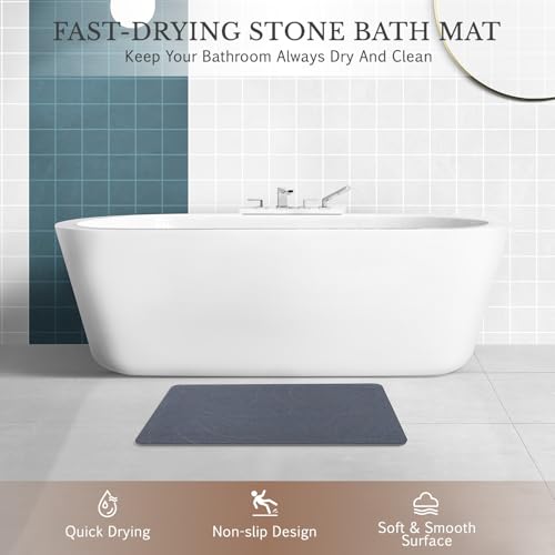 Stone Bath Mat, Natural Diatomaceous Earth Bathroom Rug, Super Absorbent, Quick Dry, Non-Slip Stone Mats for Bathroom, Kitchen, Entryway, Easy to Clean (Curve Dark Grey 1 Pack)