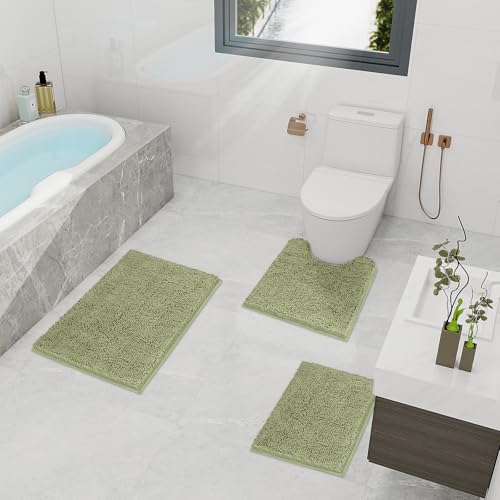 TREETONE Bathroom Rugs Sets, Thick Soft Absorbent 3 Piece Chenille Bath Rugs, Non-Slip, Dry Quickly, Machine Washable, Shaggy Mats with U-Shaped Toilet Rug for Bath Floor, Tub and Shower, Sage Green - color: Sage Green, size: 16"x24"+20"x32"+U Shape 20"x2