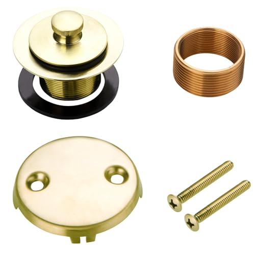 WELLUP Brushed Gold Bathtub Drain Conversion Kit,Lift & Turn Tub Drain | Solid Brass & Stainless Tub Drain,Fits 1-3/8 & 1-1/2 Bathtub Drain,Replacement Tub Drain Kit,2 Hole Overflow Faceplate - color: Gold Brushed, style: 2 Holes