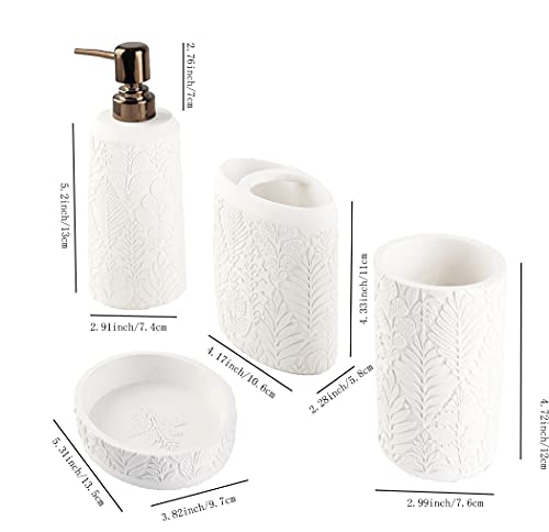 Hymmah Bathroom Accessories Set,Toothbrush Holder,Farmhouse Decor,4 Pcs Resin Gift Apartment Necessities, Contain Toothbrush Cup,Soap Dispenser & Dish,Tumbler - color: Leaf White