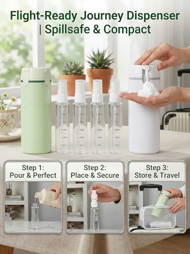 4 in 1 Travel Dispenser Bottle Set, Leakproof TSA Travel Size Containers for Toiletries, Portable Refillable Bottles, Hard Shell Rotating Design with Scale and Labels - color: Green