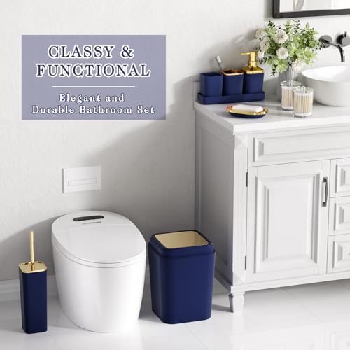 XLHOMO Bathroom Set - Navy Blue Bathroom Sets with Shower Curtain and Rugs, 24PCS Shower Curtain Set with Hooks, Soap Dispenser, Soap Dish, Toilet Brush Holder and Trash Can for Housewarming - color: Navy Blue and Gold, size: Bathroom Set+Shower Curtain+B