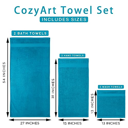 COZYART Luxury Crystal Teal/Peacock Blue Bath Towels Set, Cotton Hotel Large Towels for Bathroom, Thick Bathroom Set of 3 with 1 Bath Towel, 1 Hand Towel, 1 Washcloth, 650 GSM - color: Crystal Teal/Peacock Blue, size: 3 Piece Towel Set