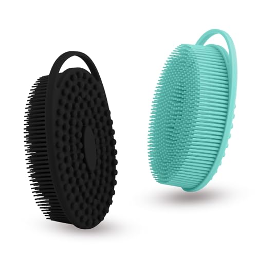 2 Pack Silicone Body Scrubber with Loofah Exfoliating Soft Body Shower Scrubber for Body, 2 in 1 Bath and Shampoo Wash Brush for Skin Exfoliation Men Women (Green&Black) - size: Green&Black