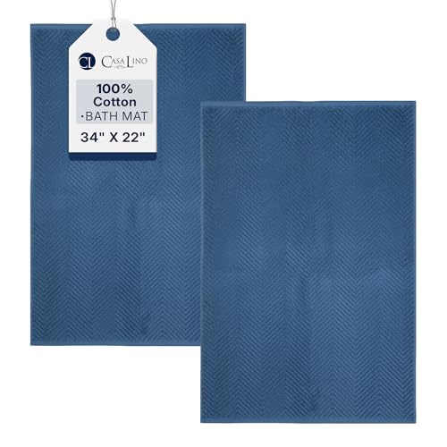 Casa Lino 100% Cotton Bath Mat Set of 2 (NOT A Rug) - 34" x 22" Bathroom Floor Towels - Machine Washable, Soft, Highly Absorbent & Quick Dry Bath Floor Towel (Navy) - color: Navy