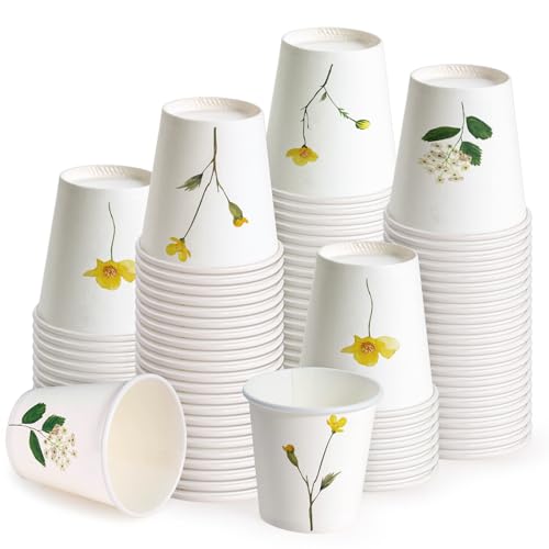 WRAPAHOLIC 3oz Paper Cups - 100 Pack Disposable Bathroom Cups with Wildflower Design, Small Mouthwash Cup for Toothbrush Rinse, Home Bathroom, Picnic, BBQ, Travel and Party - color: Yellow Wild Flower