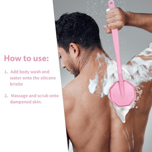 iTokGoK® Silver-Infused Silicone Back Scrubber with Long Handle Back Brush for Shower,Back Brush Long Handle for Men and Women,Ergonomic No-Slip Handle, Long-Lasting (Pink) - color: Pink