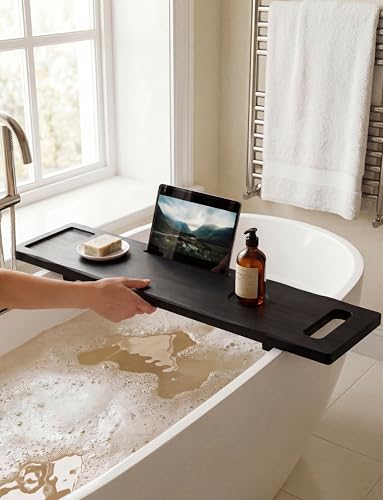 Tinamo Acacia Bathtub Caddy Tray Table | 39x9.8 Inch Large Bath Tub Wooden | Anti-Tipping, Sustainable Tub Tray for Bath tub | Bath-tub Accessories Holders for Bath-tub (Black Color) | Acacia Wood, Adjustable Legs, Easy Assembly, Fits Most Tubs, Wide Stor