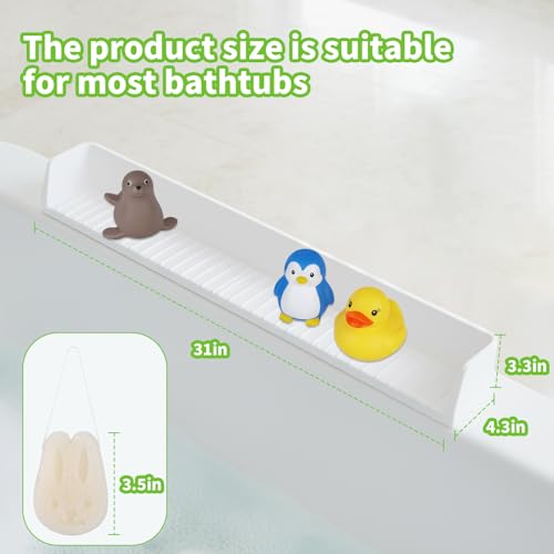 Bathtub Splash Guard for Tub Kids, 31 Inch White Bath Play Shelf, Longer Silicone Bathtub Guard Play with 11 Suction Cups, Toy Tray Caddy Holder for Tub,Water Leak & Splash-Proof, with 1pc Bath Sponge