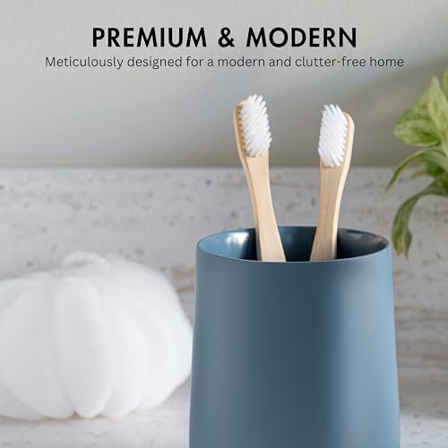 Yew Design Matte Blue Toothbrush and Toothpaste Holder and Cup for Bathroom Vanity and Countertop, Round Organizer for Electric Toothbrushes, Floss, Razors, Cotton, and Mouthwash - color: Round Matte Blue