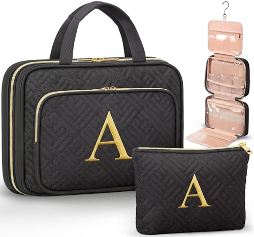 Personalized Gifts for Women, Initial Toiletry Bag Hanging Travel Organizer & Makeup Cosmetic Bag with Embroidery Letter Teacher Appreciation Gift Birthday Mothers Day Gifts for Mom Wife Friend Sister - style: A