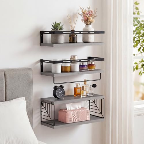 Fixwal Wall Mounted Bathroom Shelves Over Toilet, Rustic Wood Floating Shelves with Metal Frame and Towel Bar for Bathroom, Kitchen, Bedroom, Living Room (3 Plus 1 Gray) - color: 2-gray
