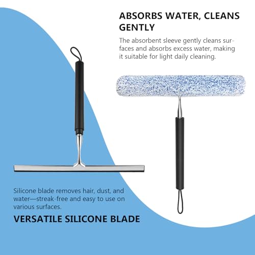 Squeegee for Shower Glass with Long Handle – Extends 13" to 48", Includes 2 Towel Sleeves, Replacement Silicone Blade & Hook, 14" Wide Blade for Glass, Mirrors, Windows & Tile Walls (Black)