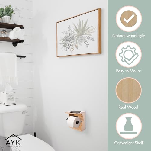 Toilet Paper Holder with Shelf - Easy to Install Wall Mounted Wood Toilet Paper Holder - Mounts to Most Surfaces - Fits All Toilet Paper Types from Regular to Mega Sizes (Natural)