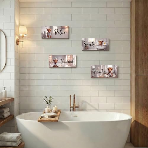 4Pcs Highland Cow Wooden Bathroom Wall Decor Funny Farmhouse Bathroom Decor Set Relax Soak Unwind Breathe Bathroom Wall Art Rustic Cute Animal Wooden Signs for Guest Bath Restroom & Powder Room - style: Highland Cow