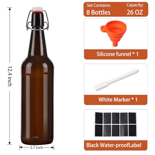 26 oz 8 Pack Amber Glass Beer Bottles with Airtight Rubber Seal Flip Caps,Swing Top Glass Bottles for Home Brewing, Kombucha, Beverages, Oil, Vinegar, Vanilla Extract,Water, Soda, Kefir - size: 750ml 8pack