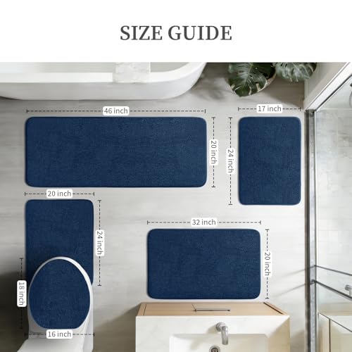 YIHOUSE Memory Foam Bathroom Rugs Sets 5 Piece - Extra Thick Soft Towel-Like Absorbent Bath Mat Set, Non Slip Machine Washable Bath Rugs Carpet for Bath, Tub and Shower, Dark Blue - color: Dark Blue, size: 1'8" x 3'10" (5 pieces)