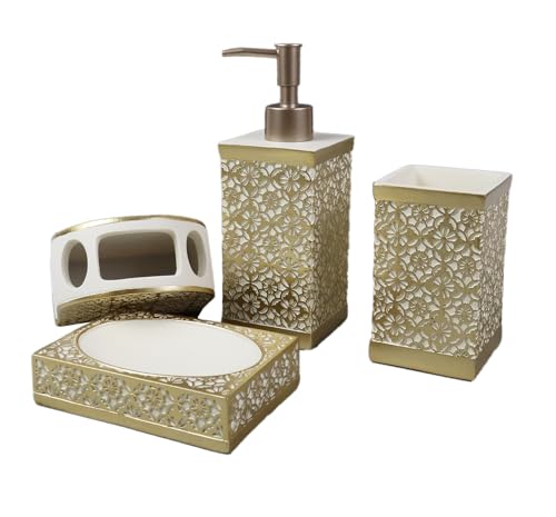 Hymmah Gold Bathroom Accessories Set,Farmhouse Bathroom Decor,4 Pcs Resin Gift Set Apartment Necessities, Contain Cotton Swab Jar,Soap Dispenser,Tumbler，Soap Dish/Tray - color: Gold
