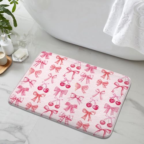 Red Cherry Pink Bow Cute Fruit Watercolor Bath Rug, Non-Slip Microfiber Soft Plush Modern Bathroom Mat Carpets Floor Mat for Bedroom Kitchen Bathroom Toilet 17x29 Inch - color: Pink