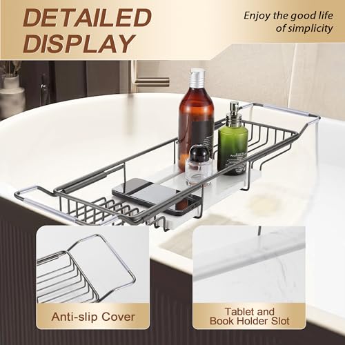 BVL Bathtub Tray Stainless Steel with Marble Base Gun Gray Bathtub Tray with White Marble Base Adjustable & Rustproof Bath Caddy for Spa, Relaxation, Bath Bombs - color: Gun Gray