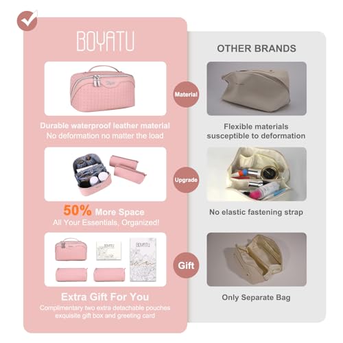 BOYATU Travel Makeup Bag Cosmetic Bags for Women: Large Capacity 3 Pcs Set Make up Bag with Compartments - Waterproof Vegan Leather Toiletry Organizer Bags with Handle (L39 Pink) - color: L39 Pink