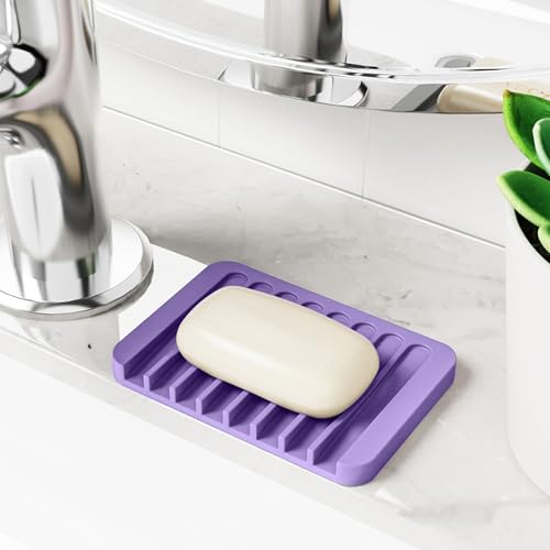 4-Pack Self Draining Soap Dish for Shower Bathroom Waterfall Silicone Soap Saver Tray Sponge Holder for Kitchen Sink Non-Slip Easy Clean (Purple) - color: Purple