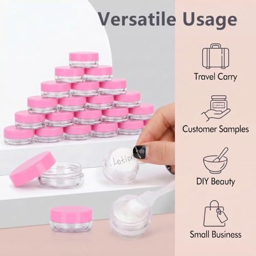 3 Gram Sample Jars with Lids, 25 Count Mini Cosmetic Containers - Makeup Travel Containers with Labels, Tiny Disposable Spatulas - color: Pink