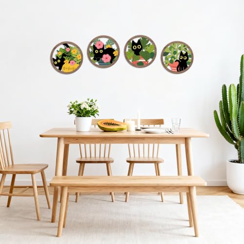 TOARTi 4PCS Boho Black Cat Wall Art Farmhouse Floral Cat Hanging Wood Sign Botanical Kitten Wall Decor Plant Cats Room Decor Floral Leaves Cat Wooden Sign for Living Room Bedroom Decoration - color: Flower Black Cat Wall Art
