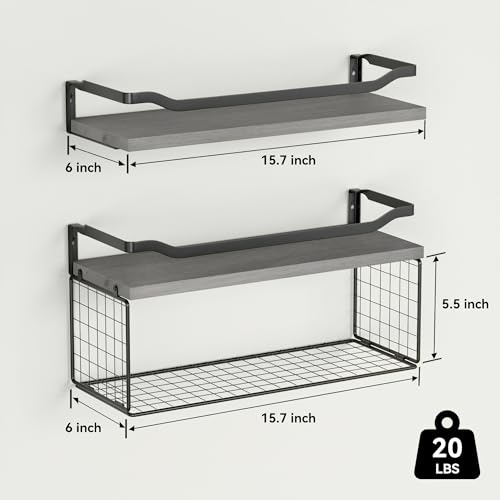 WOPITUES Floating Shelves with Wire Storage Basket, Bathroom Shelves Over Toilet with Protective Metal Guardrail, Wood Wall Shelves for Bathroom Organizers and Storage, Toilet Paper- Gray - color: Modern Grey