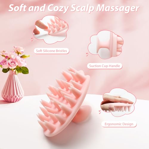 DUAIU Scalp Massage Brush with 2Pcs Root Comb Applicator Bottle, Silicone Massager Hair Oil Applicator Bottles Set for Scalp, Shampoo Scrubber Applicator for Hair Dye and Hair Care Tools