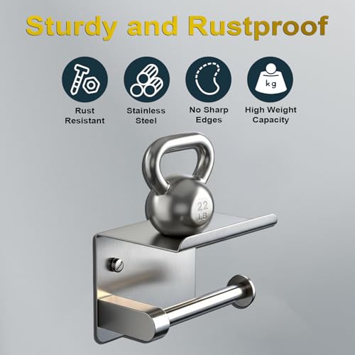Toilet Paper Holder with Phone Shelf, Adhesive or Screw Wall Mount Toilet Tissue Roll Holder with 5 Stainless Hook,Rustproof and Bathroom Washroom Tissue Roll Holder with Storage Shelf - Silver