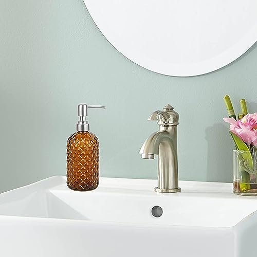16 oz Diamond Pattern Glass Soap Dispenser, Kitchen and Bathroom Refillable Soap Dispenser with Rust Resistant Stainless Steel Pump for Hand Soap, Lotion Glass Liquid Dispenser(Amber) - color: Amber