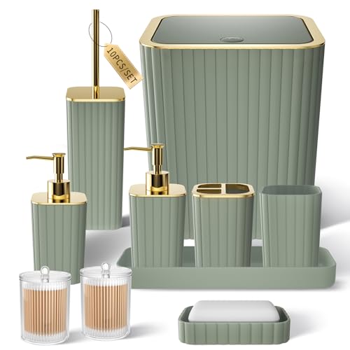 XLHOMO Bathroom Accessories Set - Gorgeous Bathroom Set, 10PC Sage Green Bathroom Accessory Set, Toilet Brush, Trash Can & Soap Dispenser - size: Bath Set, style: Sage Green&Gold